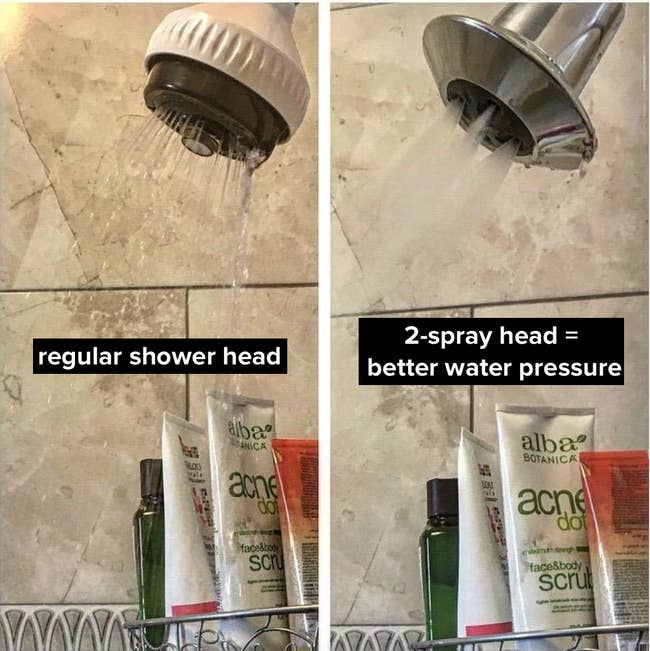 before/after of reviewer's shower with noticeably stronger pressure coming out after installing 2-spray head