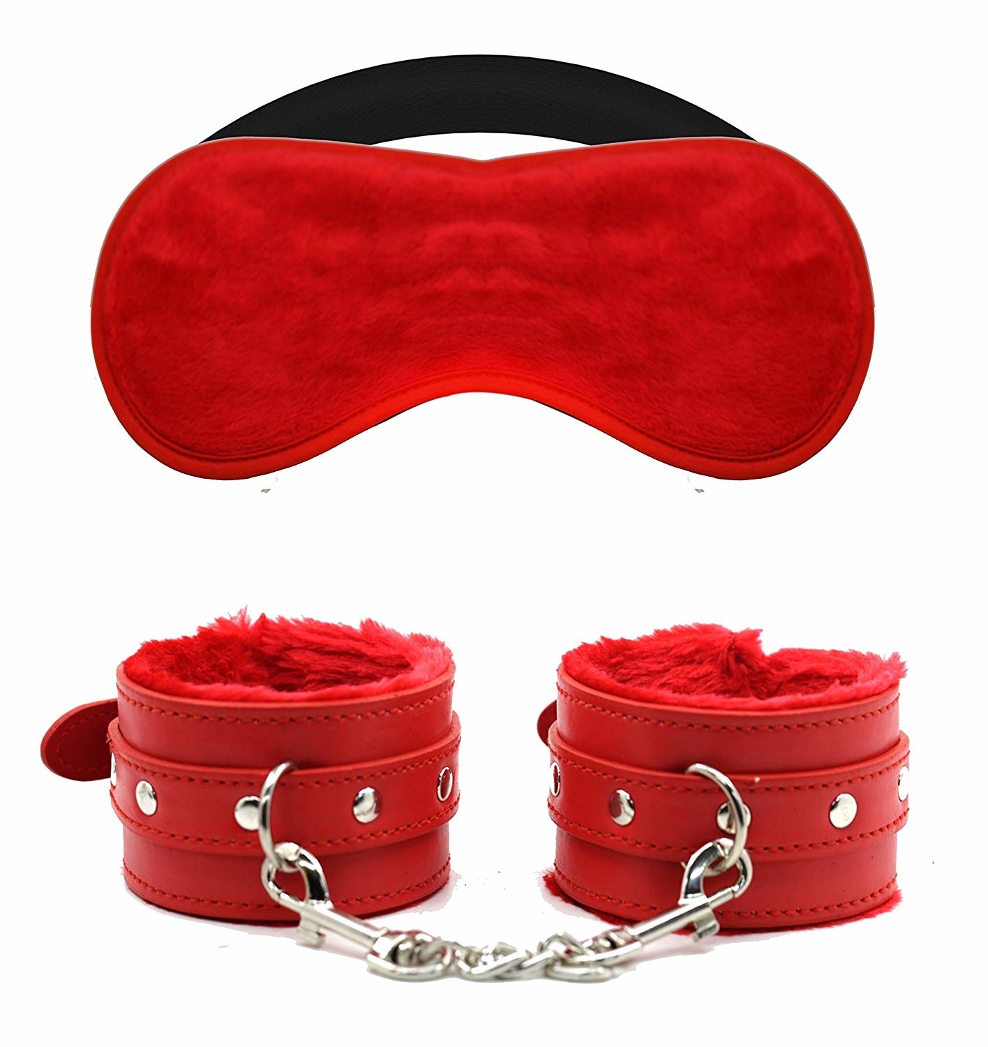A pair of red furry handcuffs and matching eye mask 
