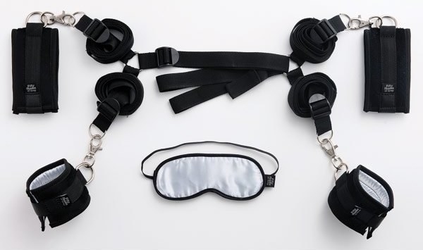 The kit laid out to show it&#x27;s different components, including a blindfold and wrist and ankle straps
