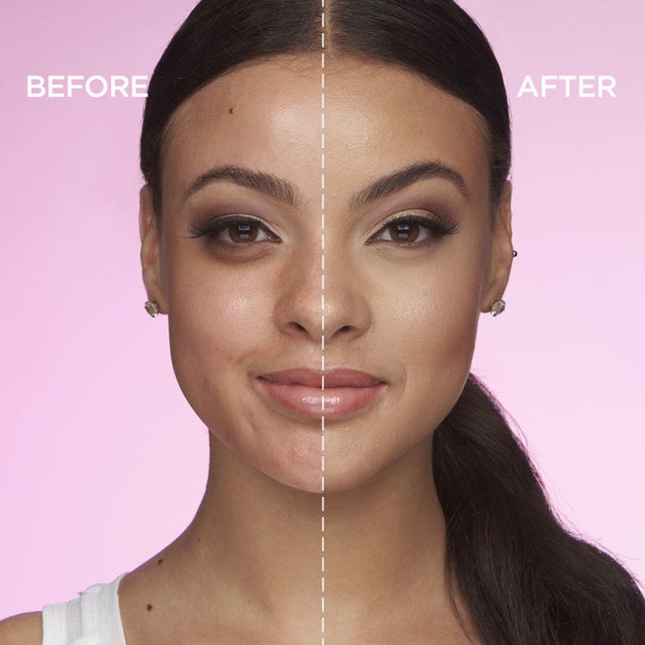 model showing before and after using tarte shape tape 
