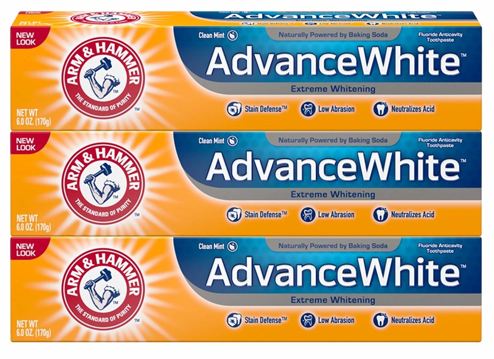 Three boxes of Arm and Hammer AdvanceWhite toothpaste