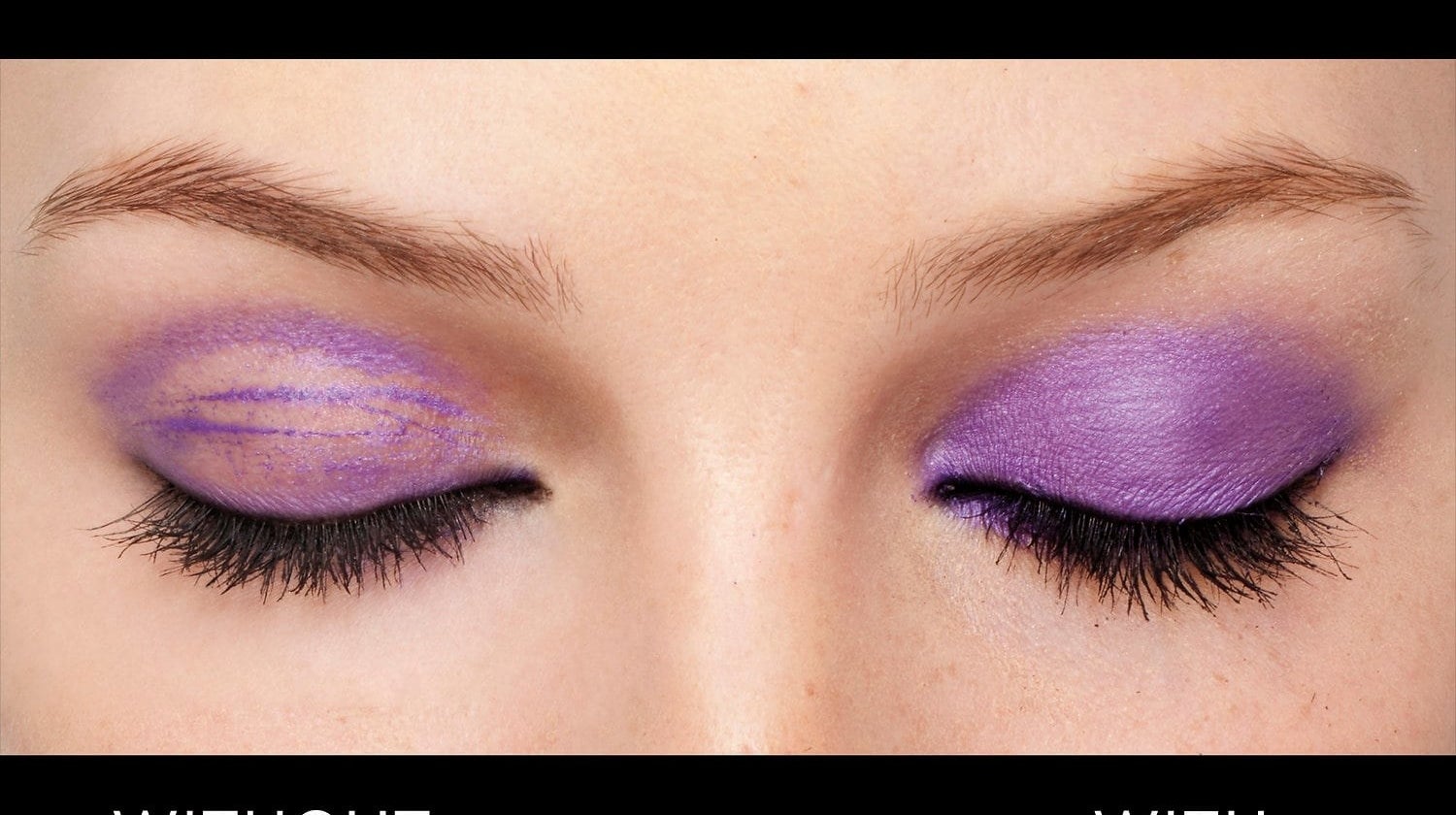 One eye labeled &quot;without&quot; with eyeshadow caked and smeared and one eye labeled &quot;with&quot; with eyeshadow in place. 