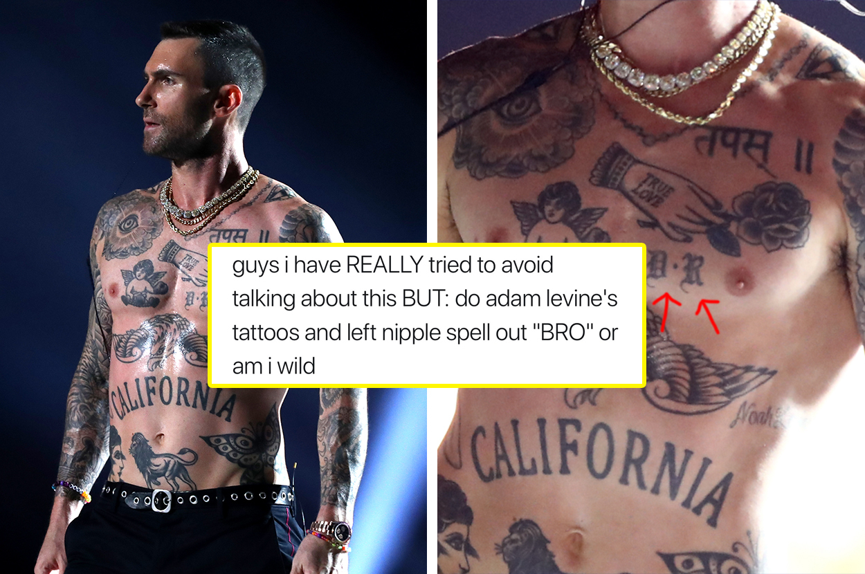Twitter Thinks That Adam Levine's Tattoos And Nipple Spell The Word 