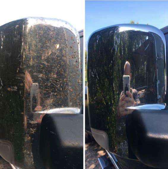 Reviewer before and after photo showing the cleaner removed all the bug carcasses from their side mirror so its shiny again