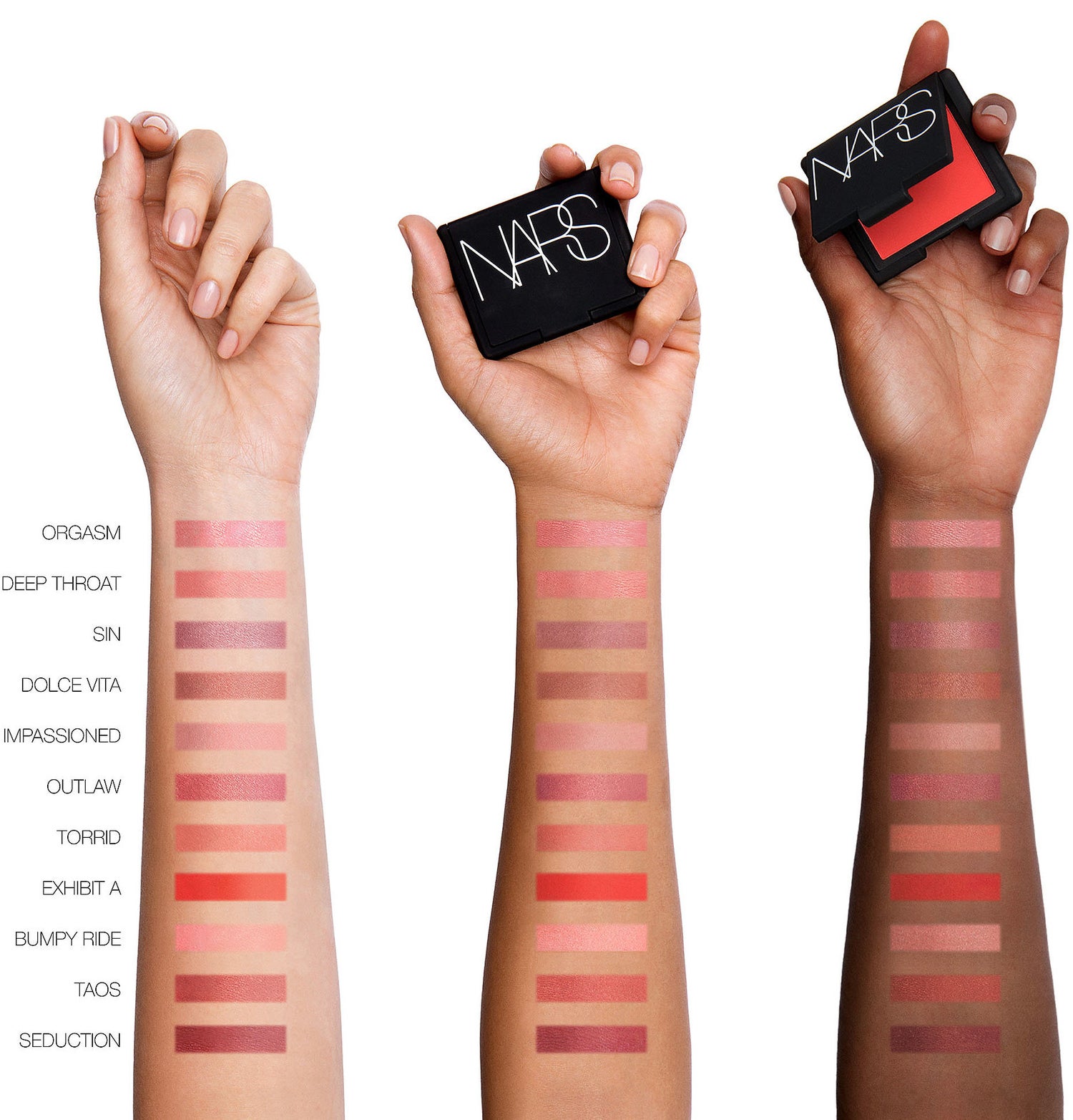 Nars&#x27;s entire line of blushes shown on three different skin tones. 