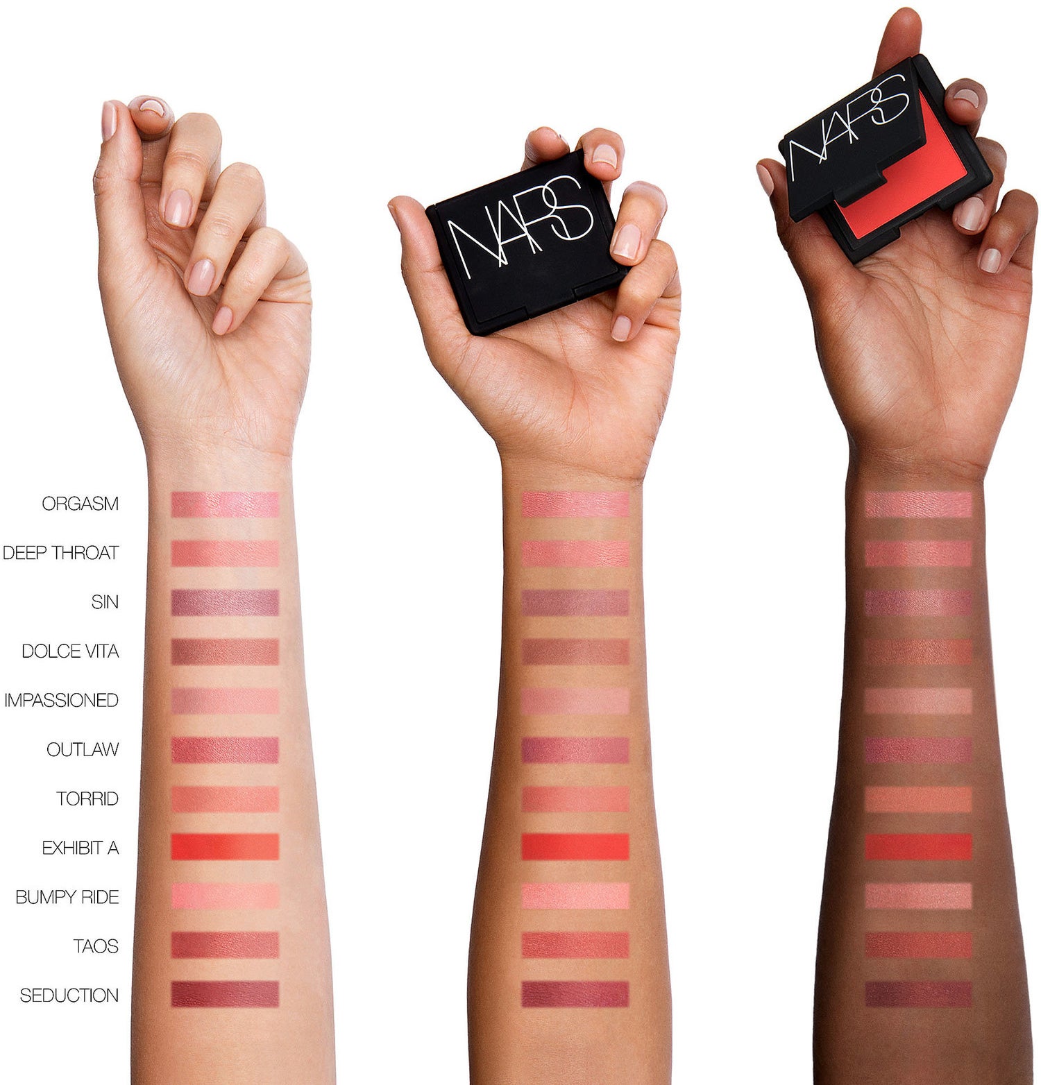 Nars&#x27;s entire line of blushes shown on three different skin tones. 