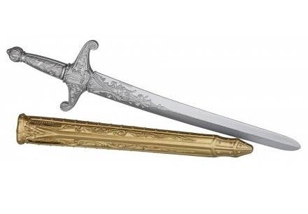 A silver plastic medieval sword with a gold sheath 