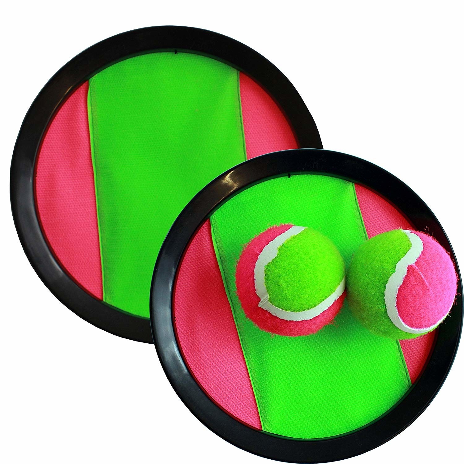 A set of neon pink and green Magic Balls. 