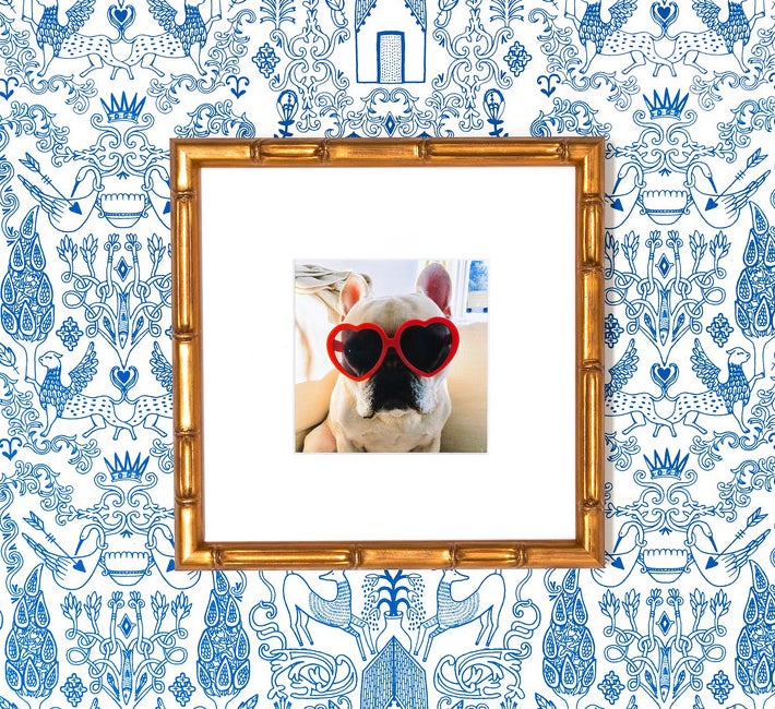 square framed pic of a french bulldog wearing heart shaped glasses with a frame that looks like it&#x27;s made from bamboo