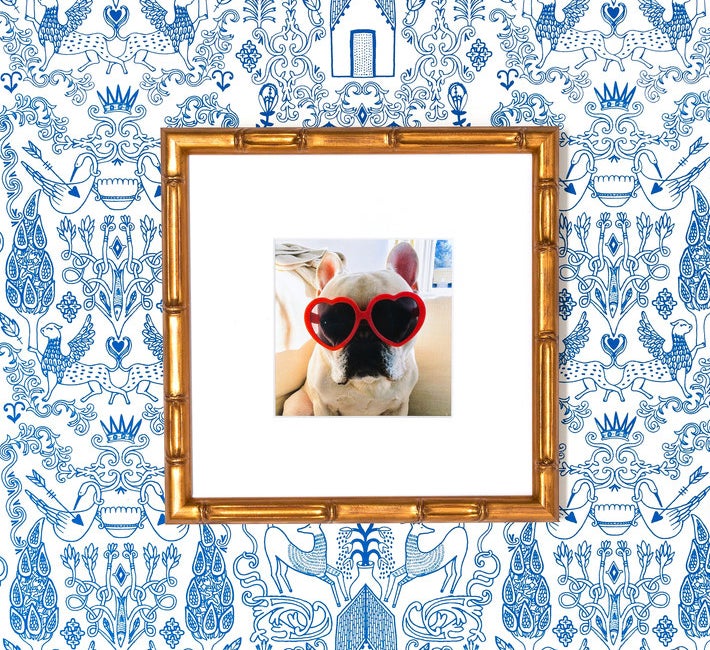 square framed pic of a french bulldog wearing heart shaped glasses with a frame that looks like it's made from bamboo