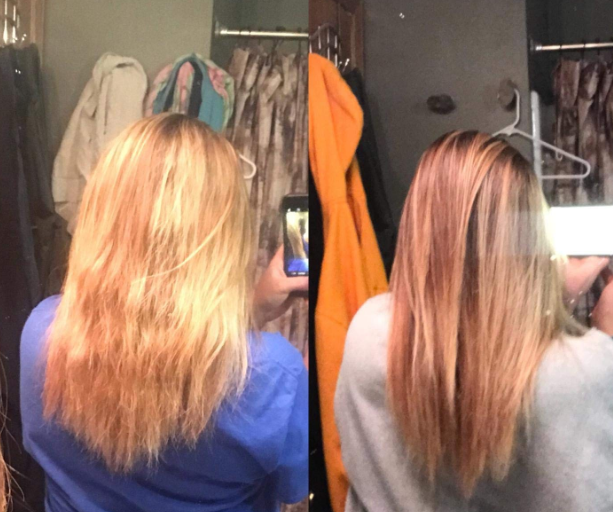 A reviewer&#x27;s before and after photo showing their hair more conditioned and hydrated in the second image
