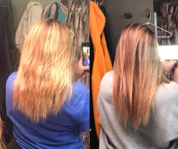 A reviewer&#x27;s before and after photo showing their hair more conditioned and hydrated in the second image