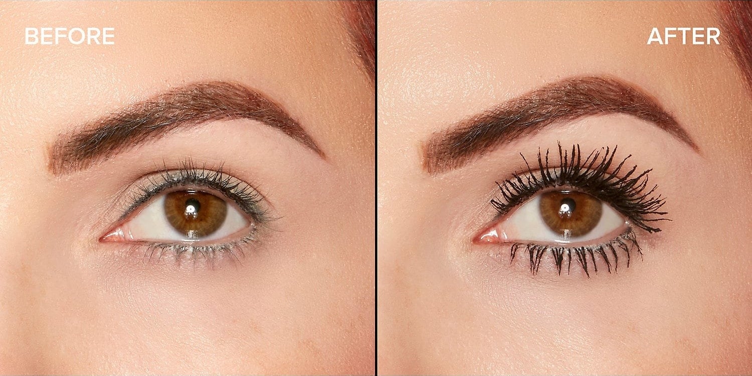 An eye labeled &quot;before&quot; with no mascara on and the same eye labeled &quot;after&quot; with lots of black mascara on. 
