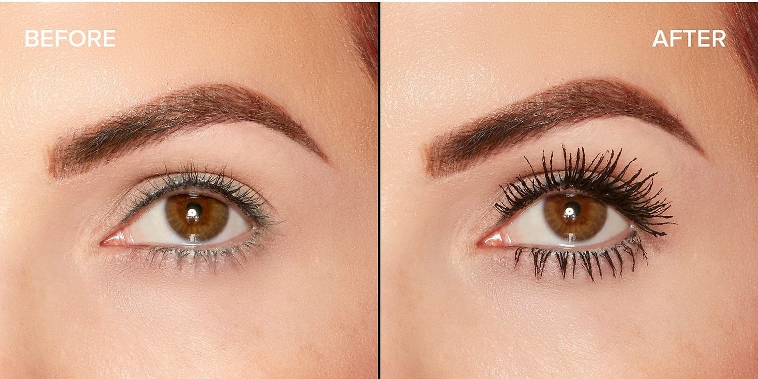 An eye labeled "before" with no mascara on and the same eye labeled "after" with lots of black mascara on.