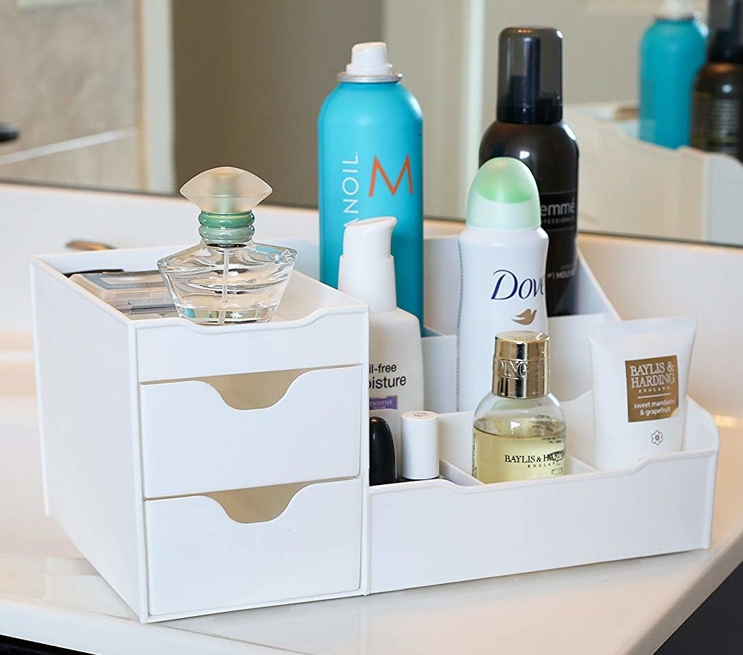 white organizer with two drawer and eight spots for products