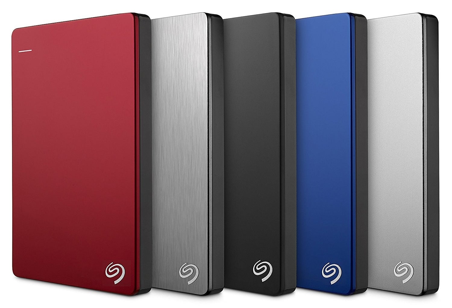 five portable hard drives in red, gray, black, blue, and silver