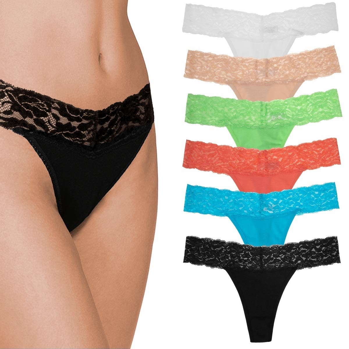 A model wearing the lace panties in black next to the color varieties in a pack
