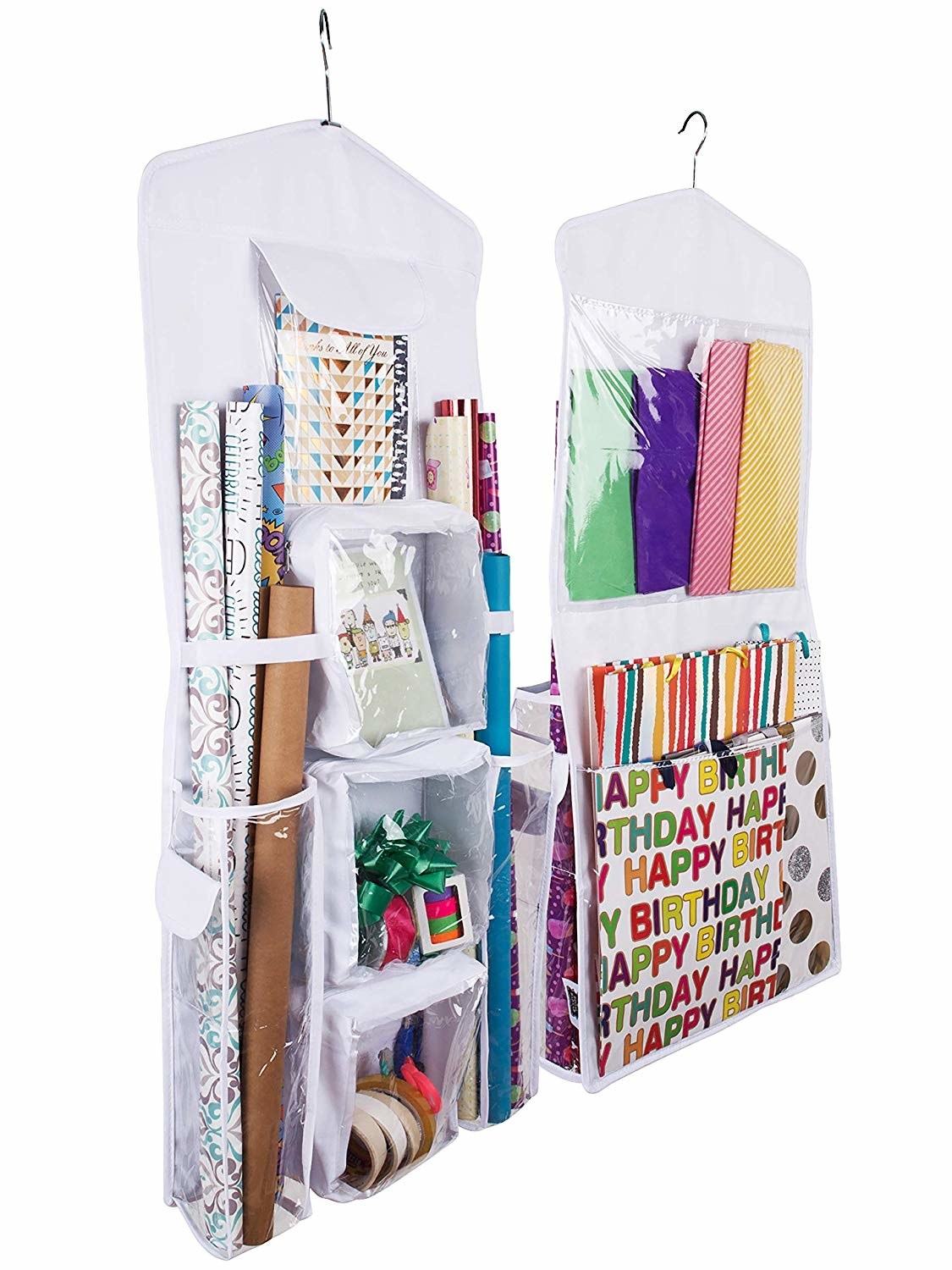 two regal bazaar double-sided hanging gift bag organizers full of gift wrappers, gift bags, boxes, bows, and more