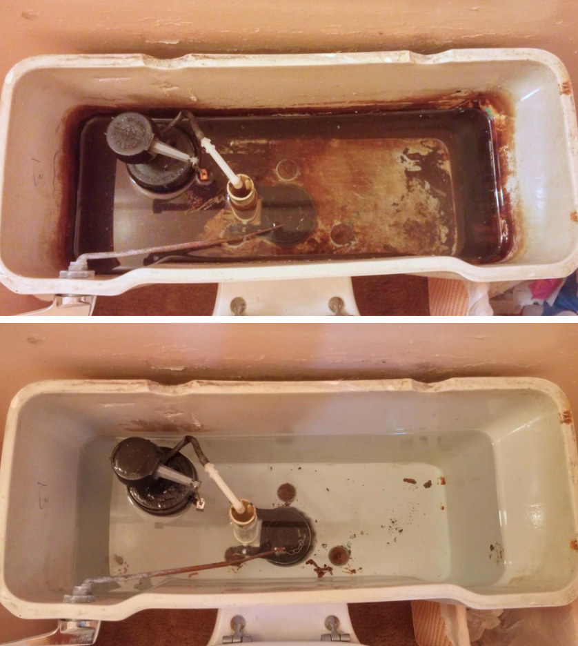 before: the rust-caked tank described below and after: the same tank, with only small amounts of rust remaining