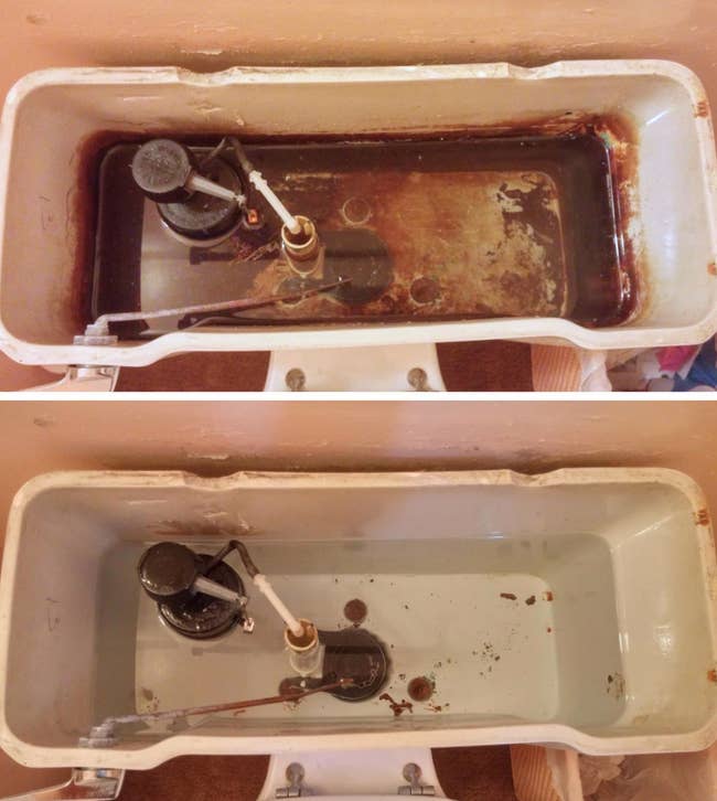 before: a reviewer's rust-caked tank described below and after: the same tank, with only small amounts of rust remaining