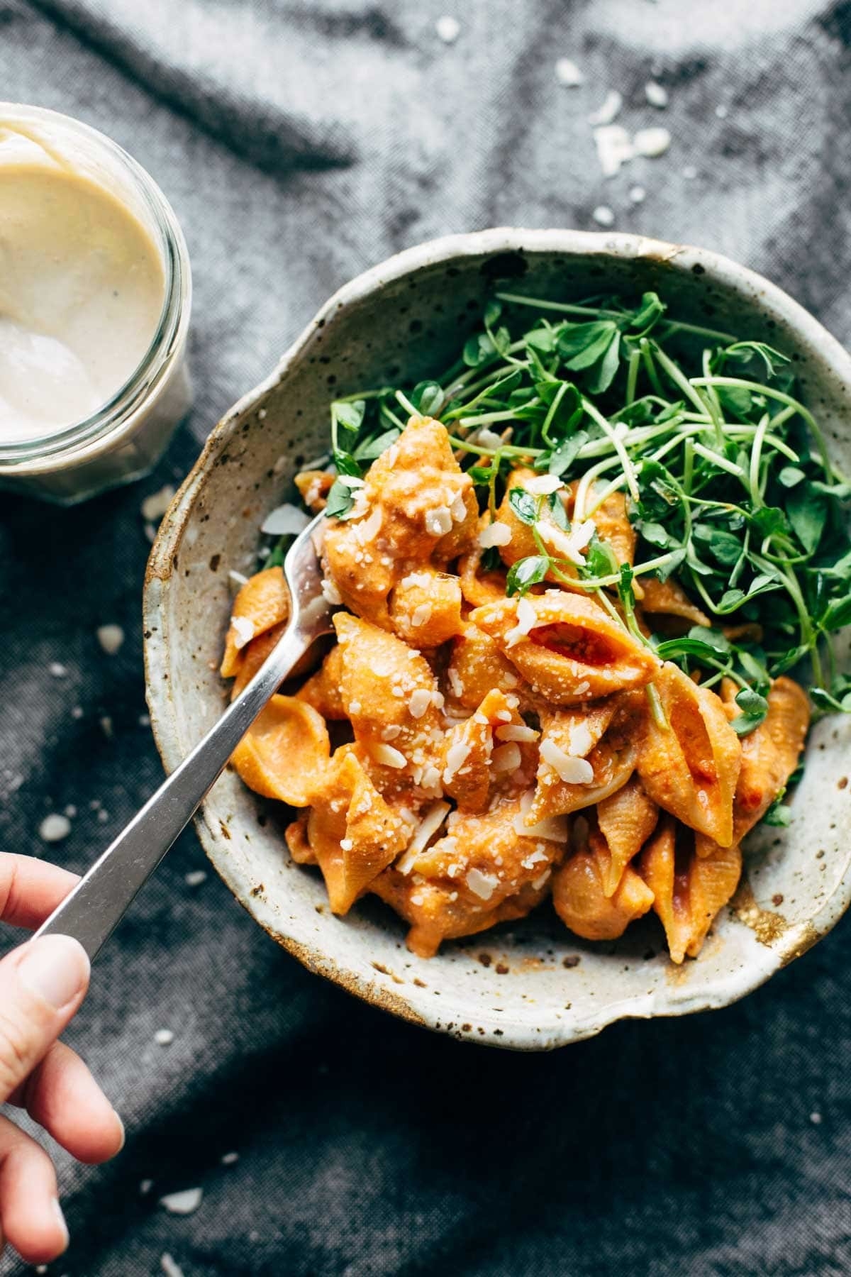 This pasta is ultra creamy but doesn't call for any dairy. The secret? Blending cashews into reserved pasta water. It thickens the sauce and gives it a silky texture without having to add any cheese or heavy cream.Estimated recipe cost: $8.73Get the recipe.