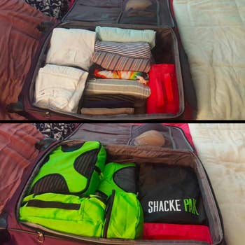 A before and after of the reviewer's packed suitcase with and without the cubes