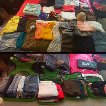 A before and after of a reviewer's clothes laid out on the bed and then them packed compactly in the green fabric zip cubes