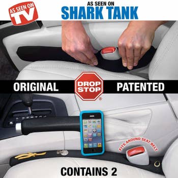 Above, hands sliding the black pad around a seatbelt buckle. Below, a phone resting on the covered gap. Text over the images reads 