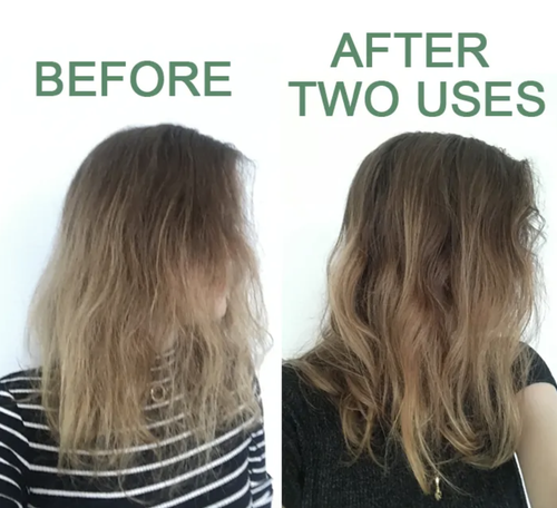 Reviewer hair before and after two uses with much softer hair