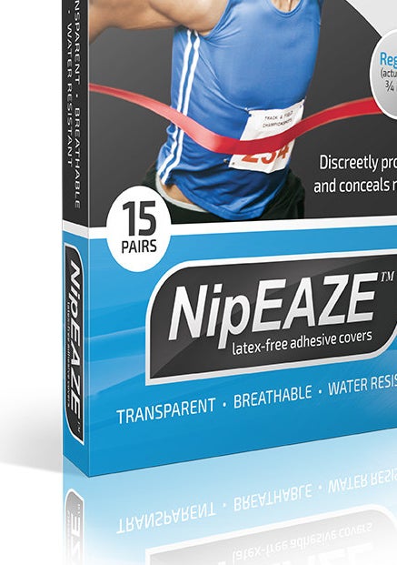 NipEase packaging. reads &quot;discreetly protects and conceals nipples, latex-free adhesive covers, transparent, breathable, water resistant, 15 pairs&quot;