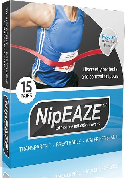 NipEase packaging. reads &quot;discreetly protects and conceals nipples, latex-free adhesive covers, transparent, breathable, water resistant, 15 pairs&quot;