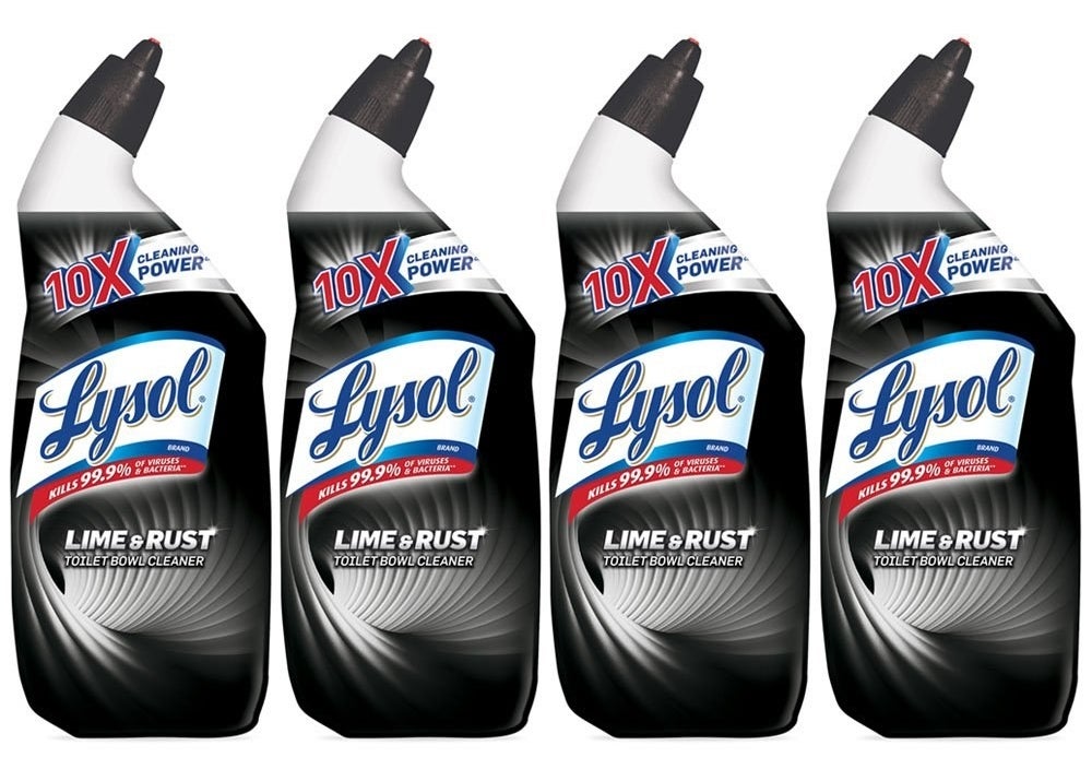 four bottles of lysol lime & rust toilet bowl cleaner, with angled necks to make it easier to apply under the rim