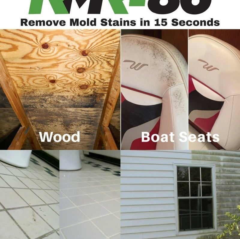 mold before and afters on wood, boat seats, tile and grout, and vinyl siding