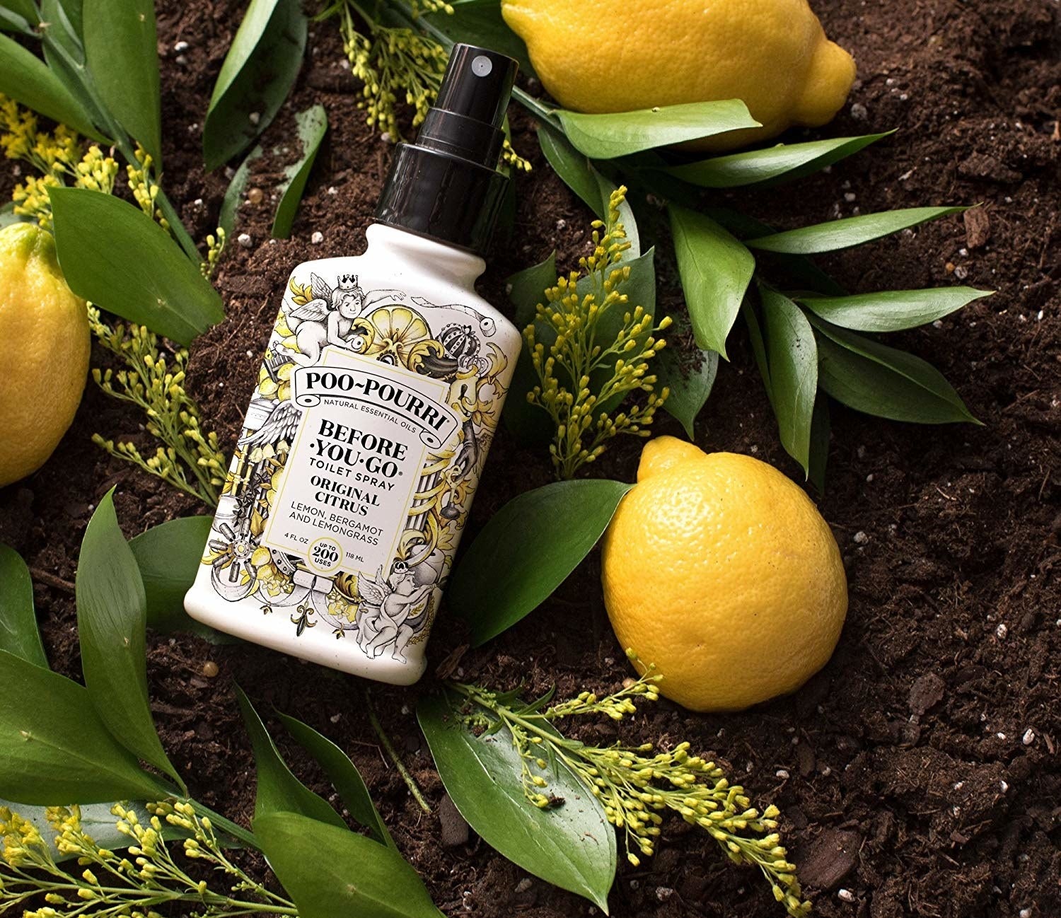 spray bottle of poo-pourri before-you-go toilet spray in lemon scent