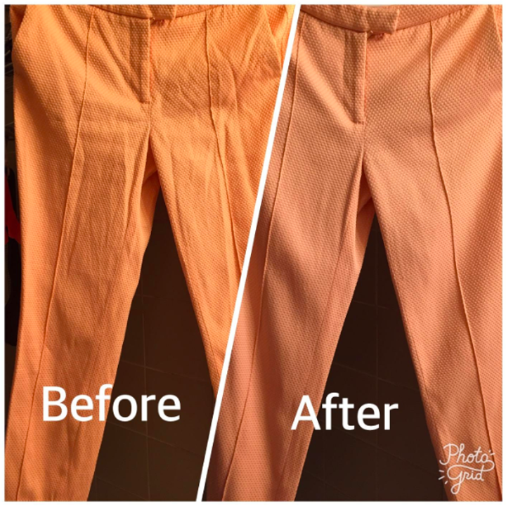 before: wrinkly pants after: less wrinkly pants