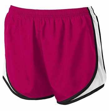 the same running shorts in pink with a white stripe down the side and black edging