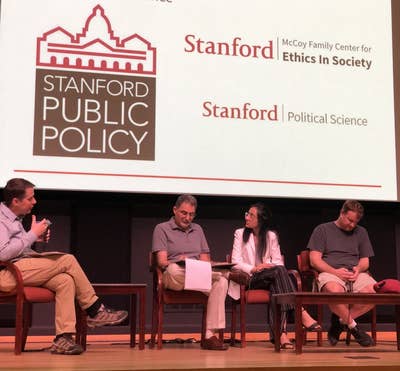 WhatsApp cofounder Brian Acton, right, spoke at Stanford University on March 13, 2019.