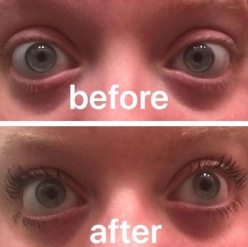 reviewer's lashes before then their lashes after application with a faux lashes effect