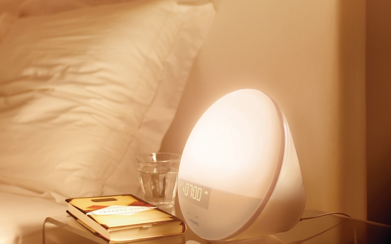 The wake-up light giving off light that looks like warm sunlight
