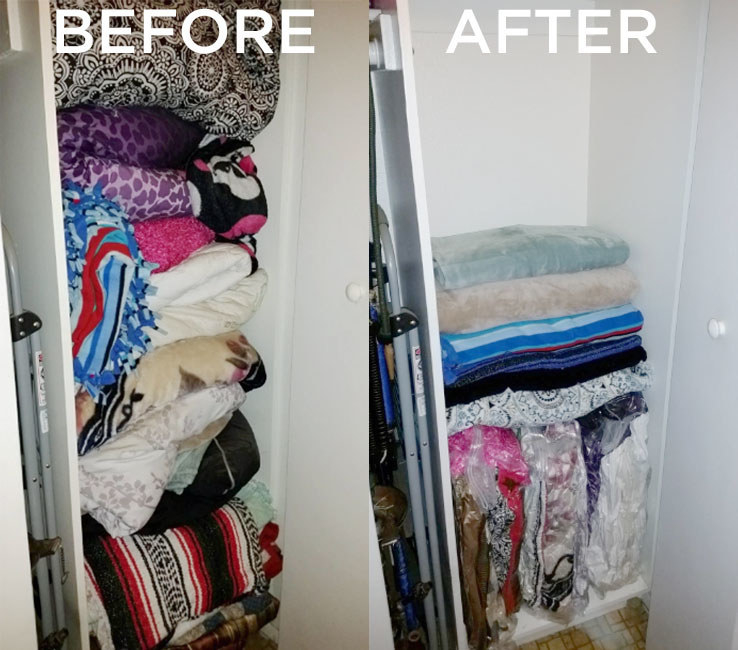 a before of a messy closet and an after of a neat closet with more space using the bags