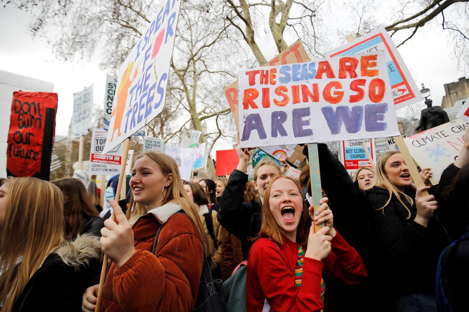 Молодые демонстранты держат плакаты у здания парламента в центре Лондона.