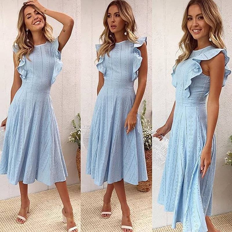 Promising review: "Super pleased with this purchase. The material is heavy and feels luxurious. Really good buy — the pattern and material are perfect! Very pretty and feminine looking. Highly recommend this dress to anyone considering purchasing it!" —WhoAmIGet it from Amazon for .99 (available in sizes S-XL and in blue and white).