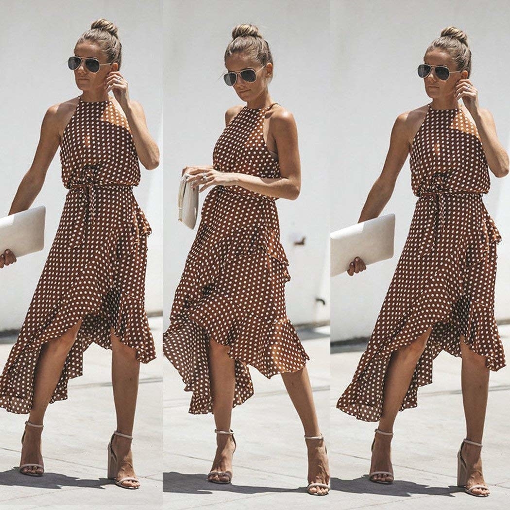 A series of photos showing a model walking around in the dress