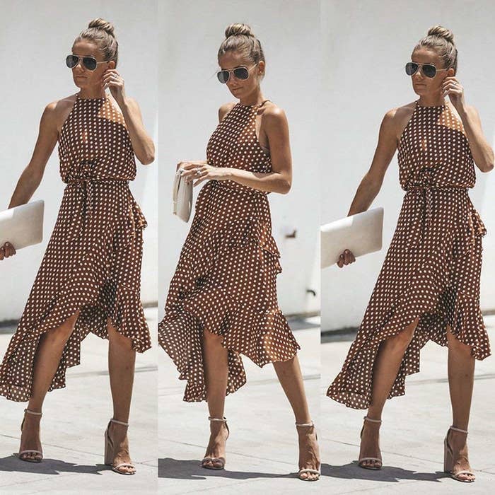 A series of photos of a model wearing the polka-dot halter dress in brown