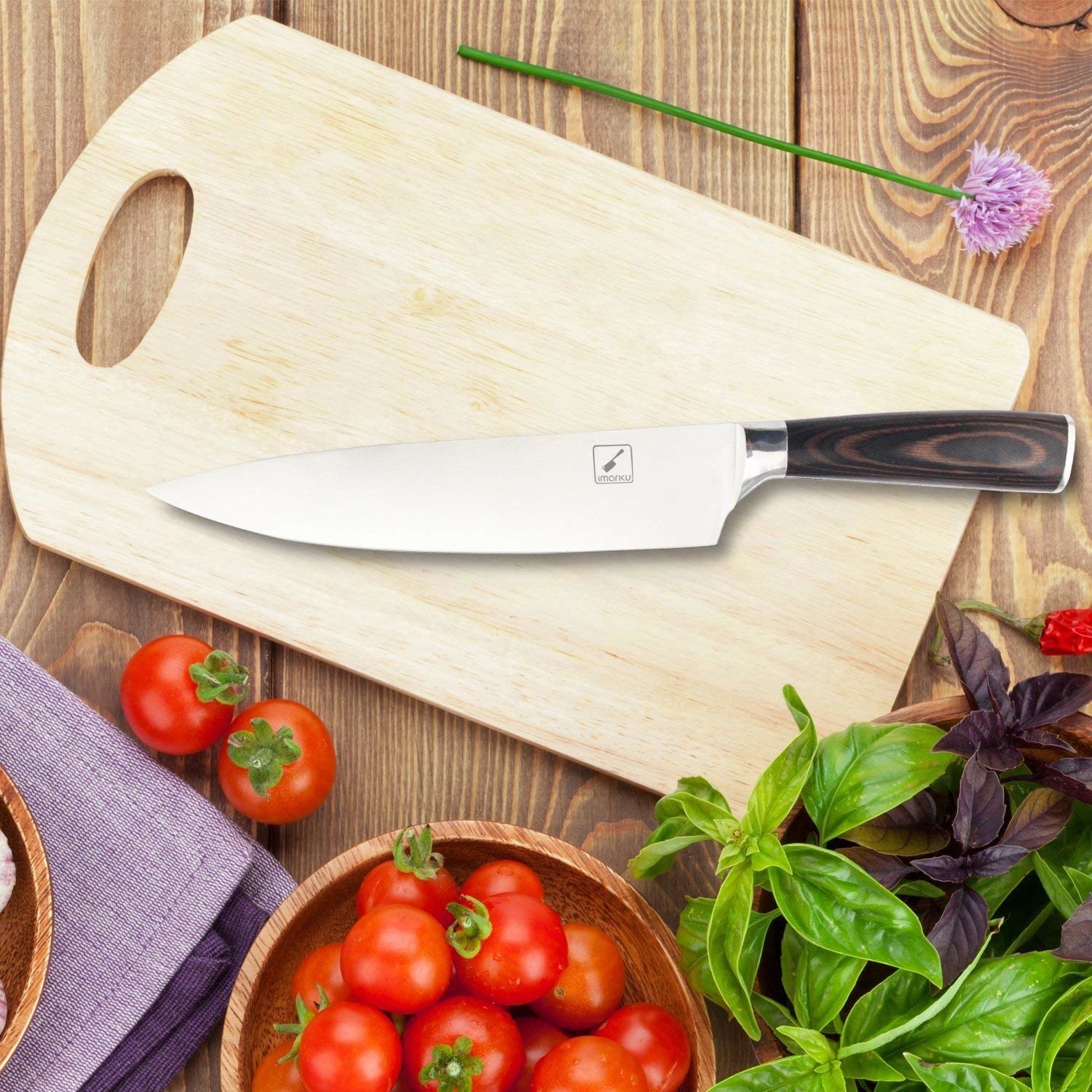 knife on cutting board with faux wood handle