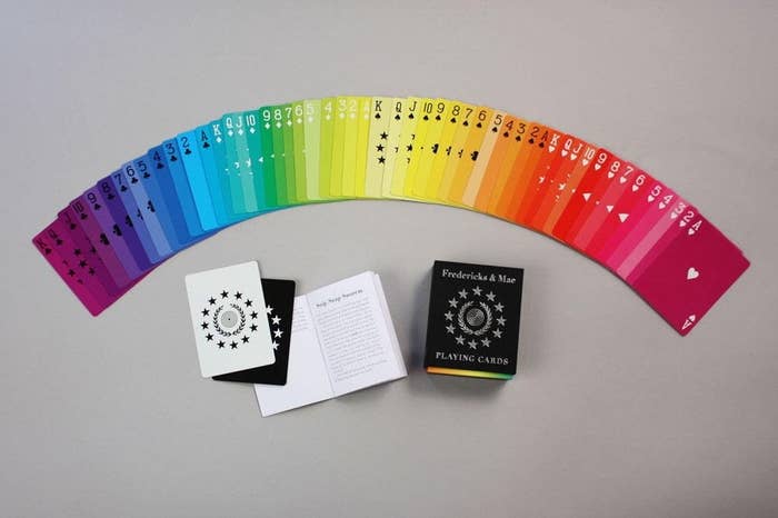 Each card is a different color and arranged in rainbow order 