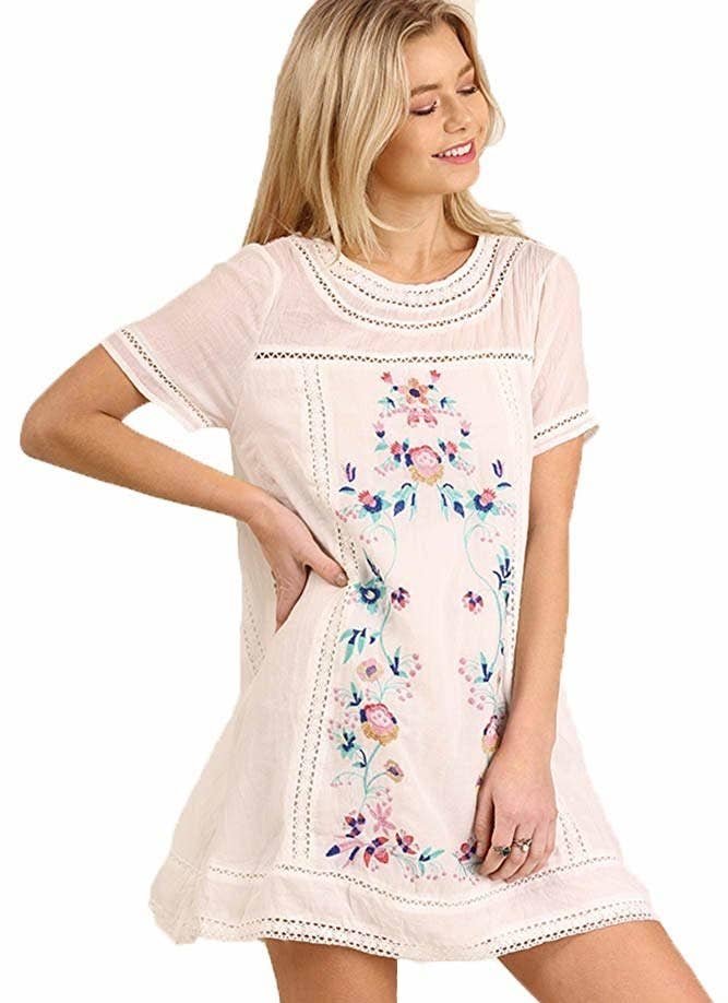 Promising review: "Love this dress and the embroidery!! Fits perfectly! I am 5’3” and ordered a small. Fits just as expected and not too short like some reviews said (but I am short, so that may be why). Got so many compliments on it as well. Definitely considering buying more colors!" —Samantha SisingerGet it from Amazon for .65+ (available in sizes S-2XL and in five colors).