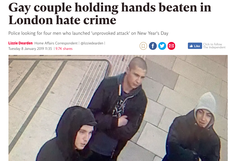 新闻标题:同性恋夫妇手牵着手在伦敦击败仇恨犯罪