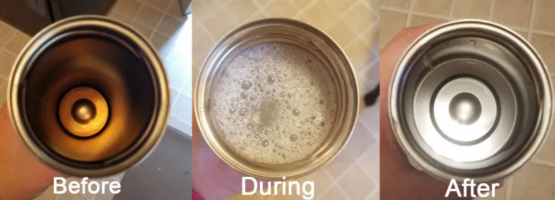 a reviewer&#x27;s cup before, during, and after being cleaned