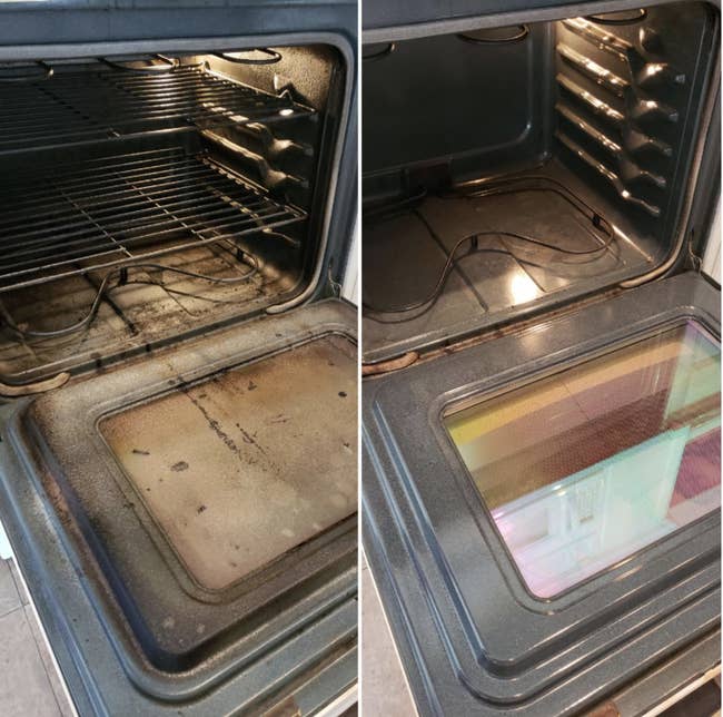 Before and after photo of a visibly dirty oven that looks perfectly clean after using the cleaner